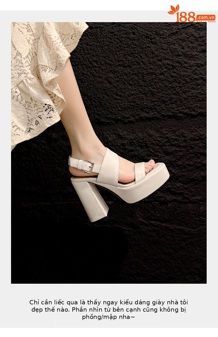 Sandal cao gót nữ mũi vuông quai ngang đế platform gót 12 cm — màu đen, màu trắng ngà chi tiết 4