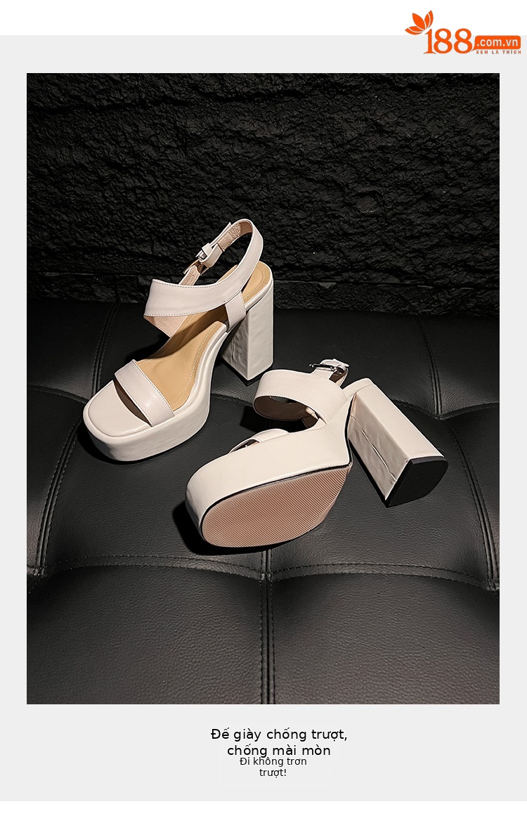 Sandal cao gót nữ mũi vuông quai ngang đế platform gót 12 cm — màu đen, màu trắng ngà chi tiết 5