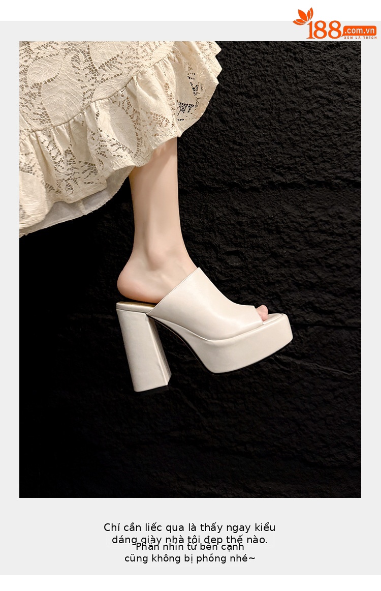 Sandal cao gót nữ mũi hở đế platform da bò thật gót siêu cao 12 cm — màu đen, màu trắng ngà chi tiết 8