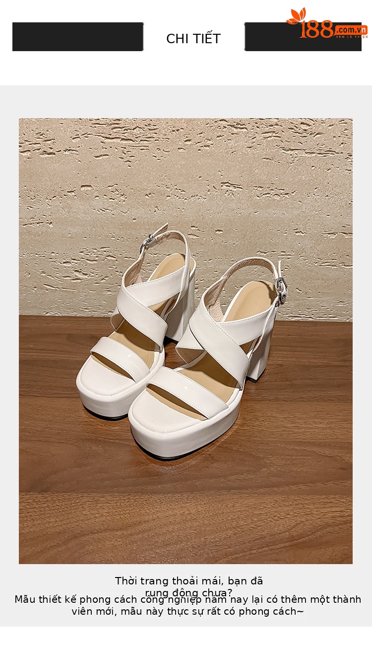 Sandal cao gót nữ quai ngang hở mũi đế xuồng dày gót vuông 9 cm — màu đen, màu trắng ngà chi tiết 2