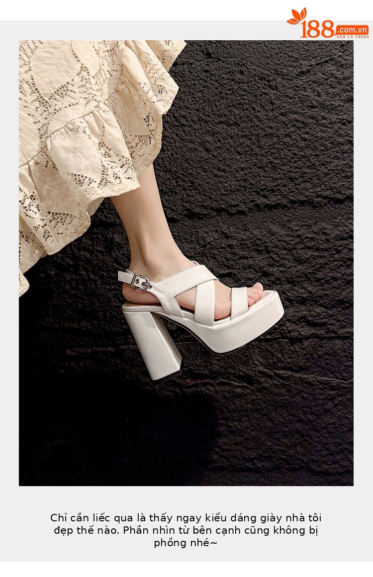 Sandal cao gót nữ quai ngang hở mũi đế xuồng dày gót vuông 9 cm — màu đen, màu trắng ngà chi tiết 4