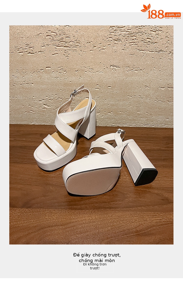 Sandal cao gót nữ quai ngang hở mũi đế xuồng dày gót vuông 9 cm — màu đen, màu trắng ngà chi tiết 5