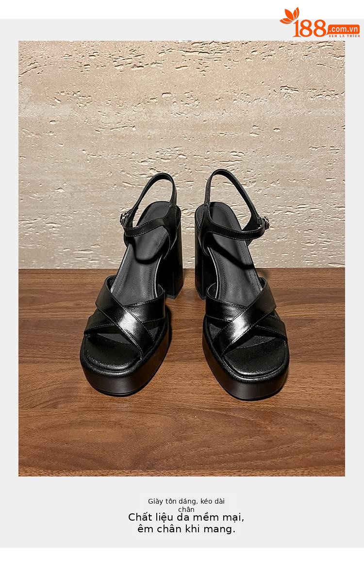 Sandal cao gót nữ quai chữ T đế xuồng gót vuông 9 cm — màu đen, màu trắng ngà chi tiết 3