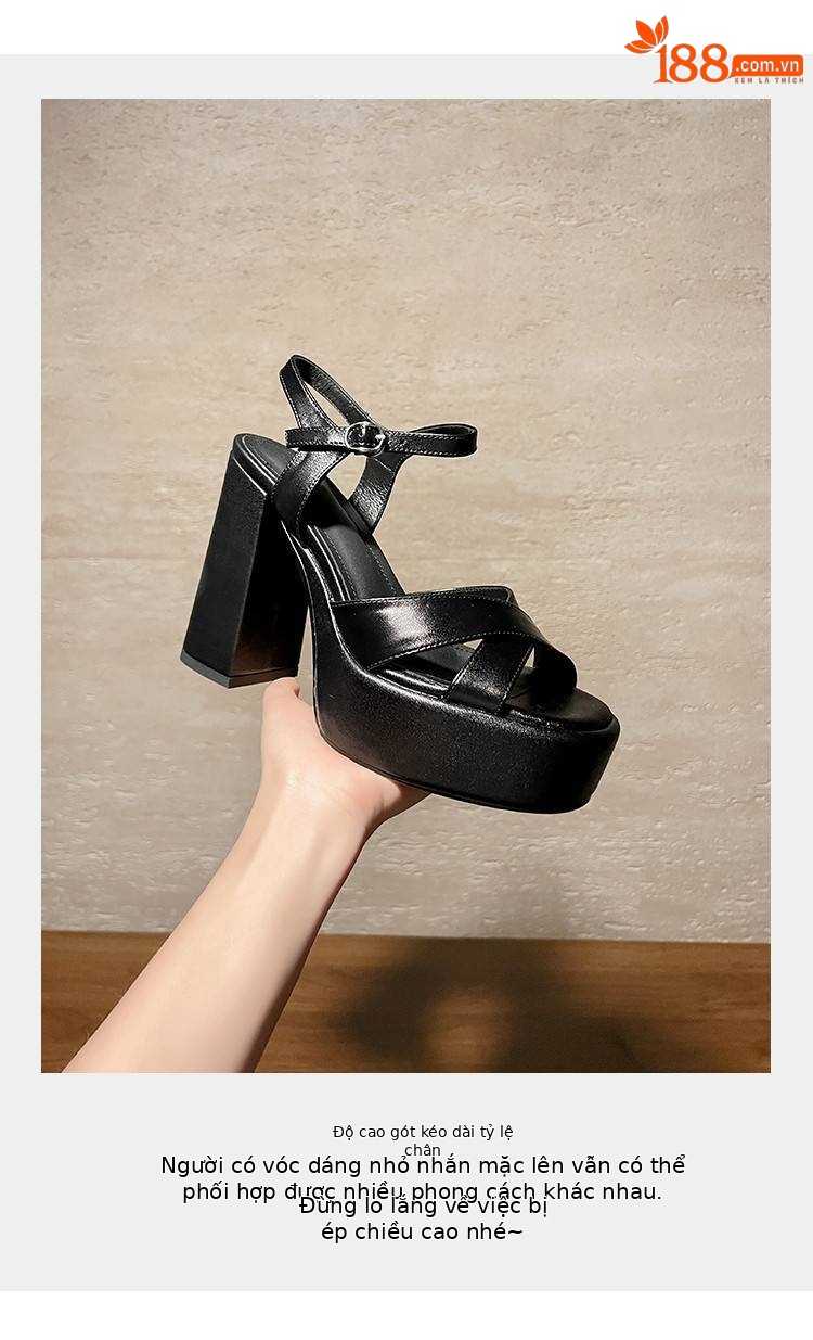 Sandal cao gót nữ quai chữ T đế xuồng gót vuông 9 cm — màu đen, màu trắng ngà chi tiết 6