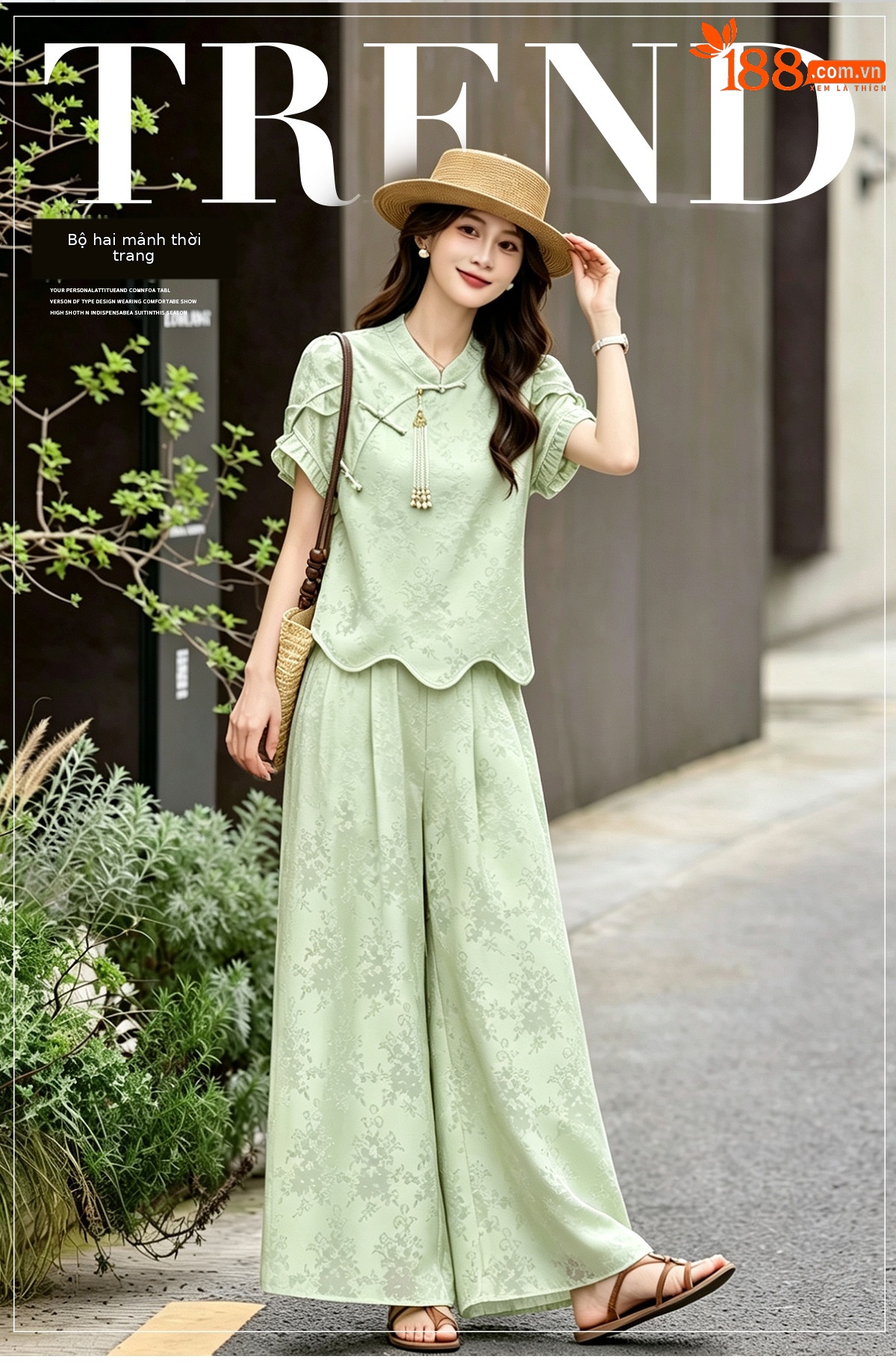 Bộ áo sơ mi họa tiết jacquard kết hợp quần ống rộng cạp thun hai mảnh thời trang — Vàng kem, xanh lá cây chi tiết 1