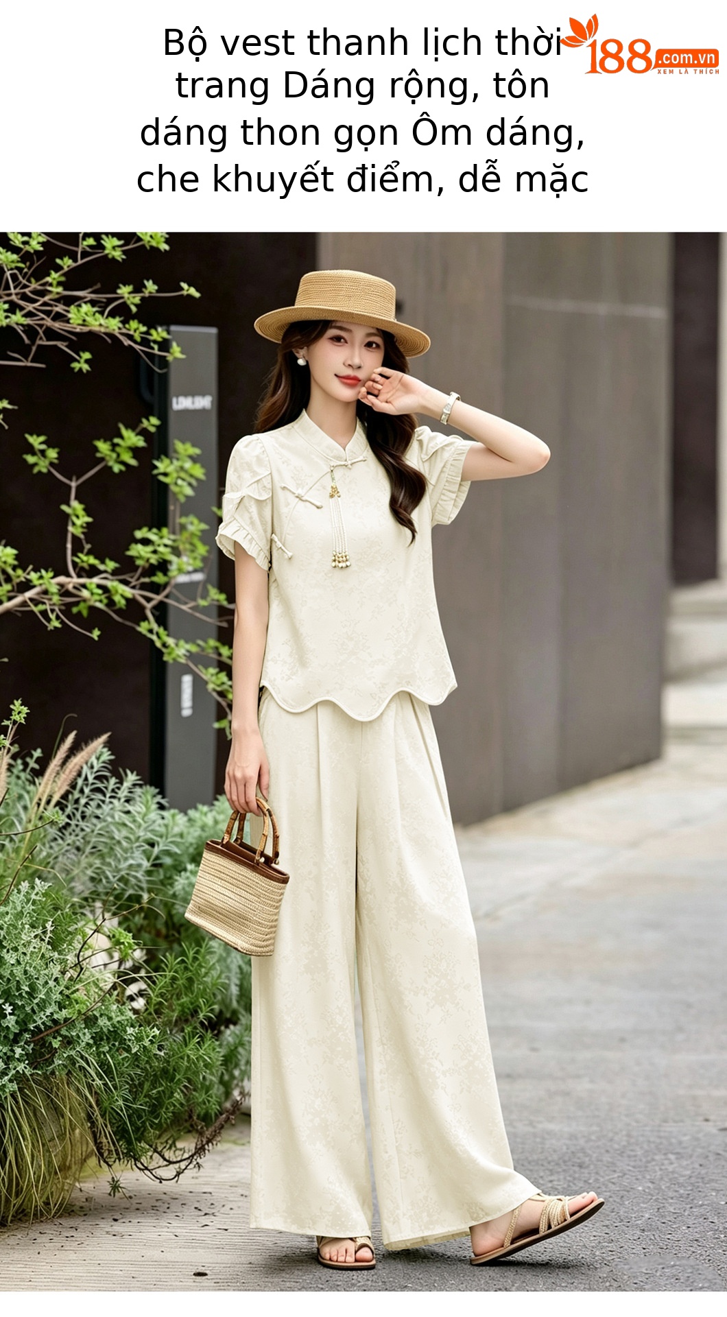 Bộ áo sơ mi họa tiết jacquard kết hợp quần ống rộng cạp thun hai mảnh thời trang — Vàng kem, xanh lá cây chi tiết 3