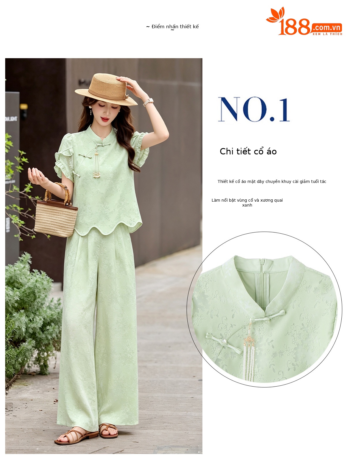 Bộ áo sơ mi họa tiết jacquard kết hợp quần ống rộng cạp thun hai mảnh thời trang — Vàng kem, xanh lá cây chi tiết 4