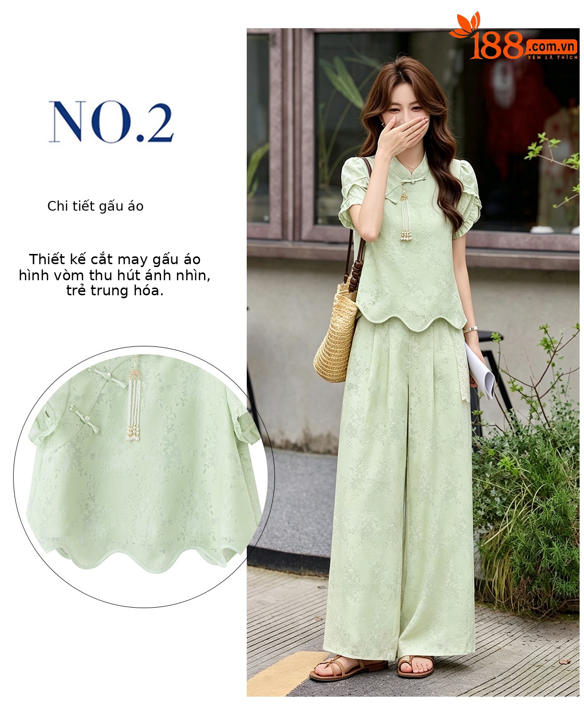 Bộ áo sơ mi họa tiết jacquard kết hợp quần ống rộng cạp thun hai mảnh thời trang — Vàng kem, xanh lá cây chi tiết 5