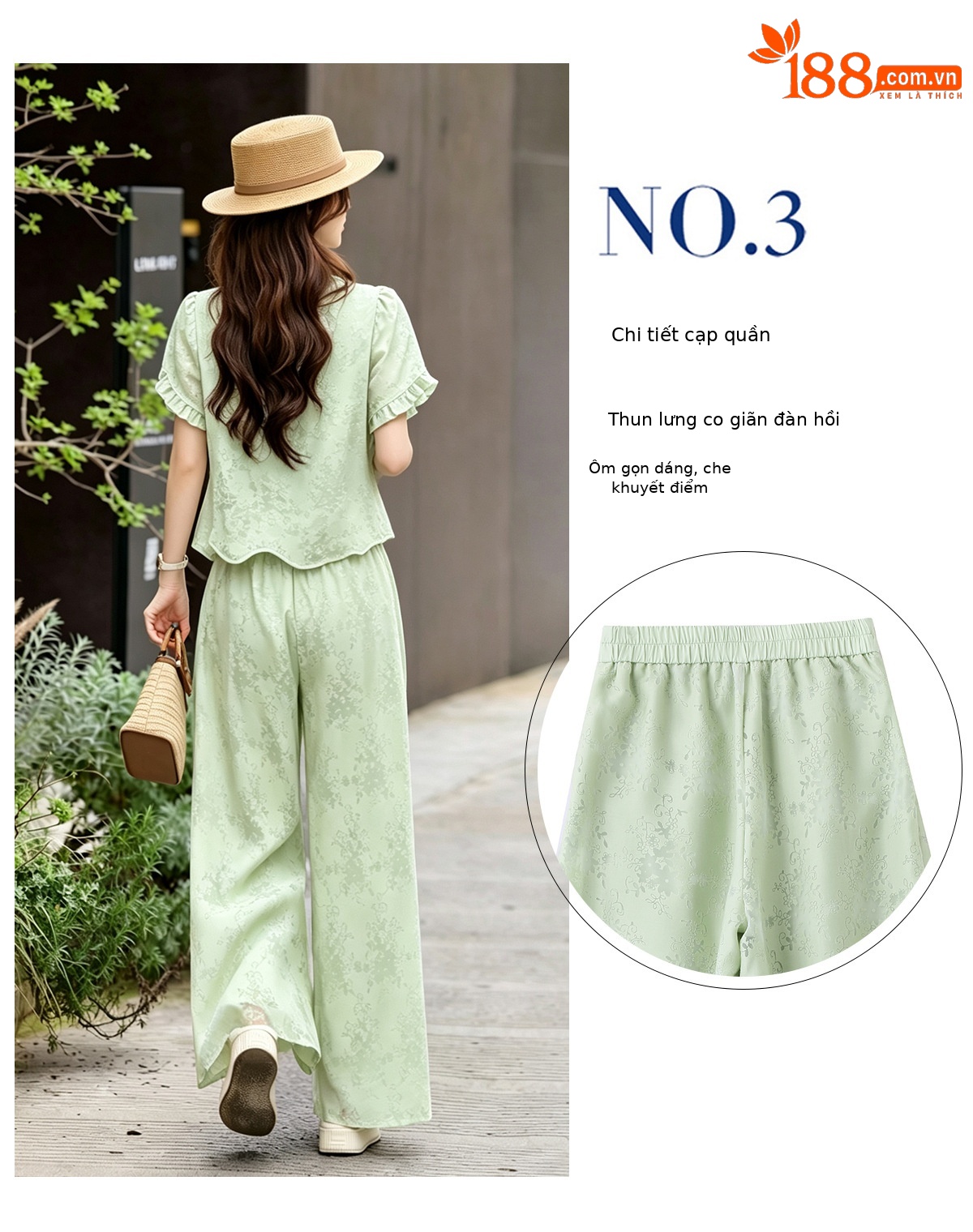 Bộ áo sơ mi họa tiết jacquard kết hợp quần ống rộng cạp thun hai mảnh thời trang — Vàng kem, xanh lá cây chi tiết 6