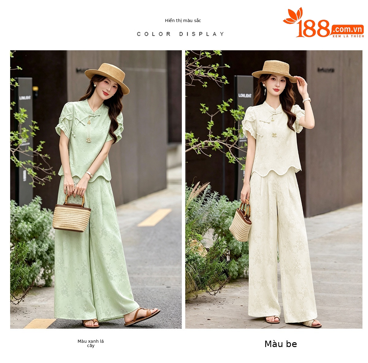 Bộ áo sơ mi họa tiết jacquard kết hợp quần ống rộng cạp thun hai mảnh thời trang — Vàng kem, xanh lá cây chi tiết 8