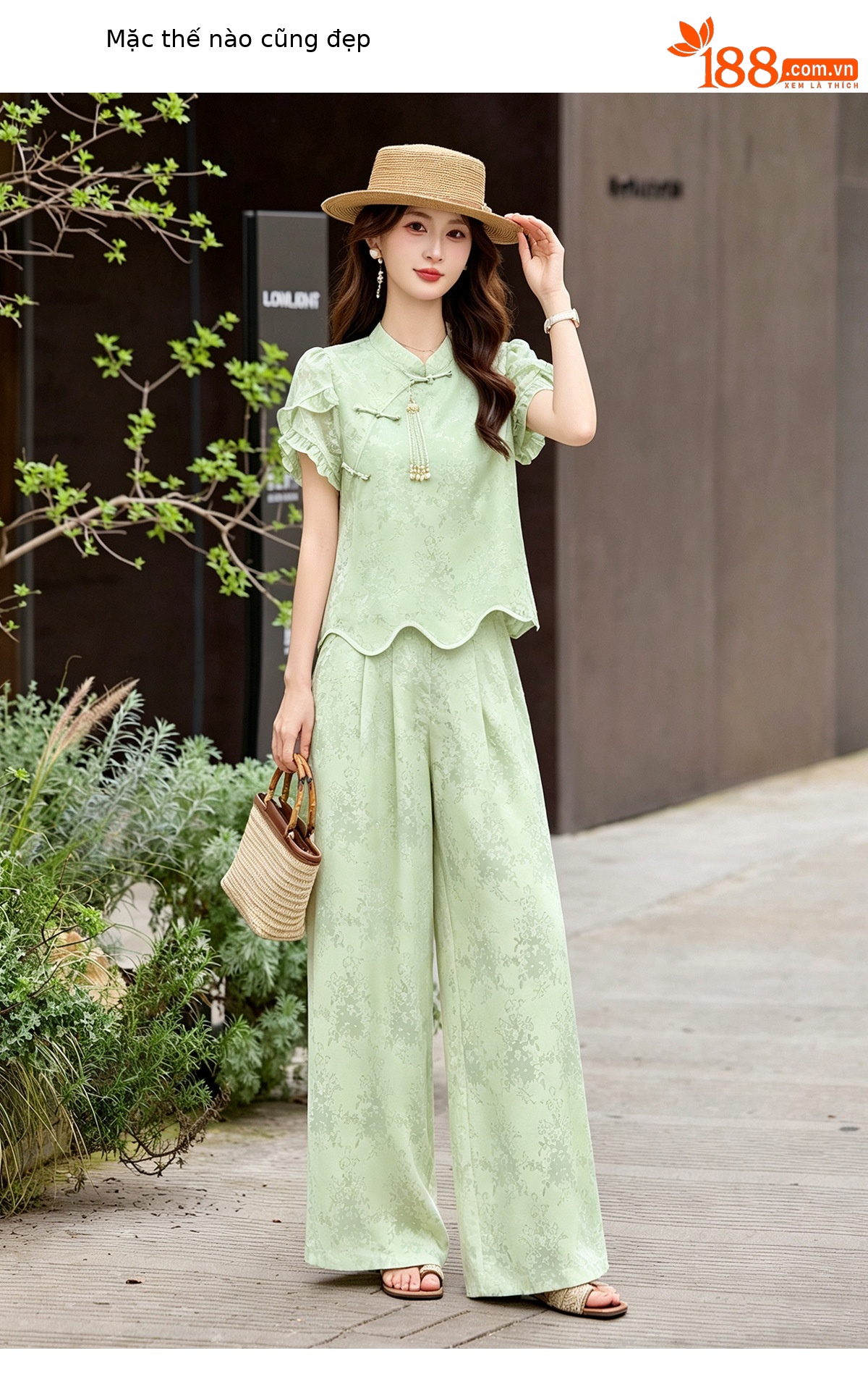Bộ áo sơ mi họa tiết jacquard kết hợp quần ống rộng cạp thun hai mảnh thời trang — Vàng kem, xanh lá cây chi tiết 9