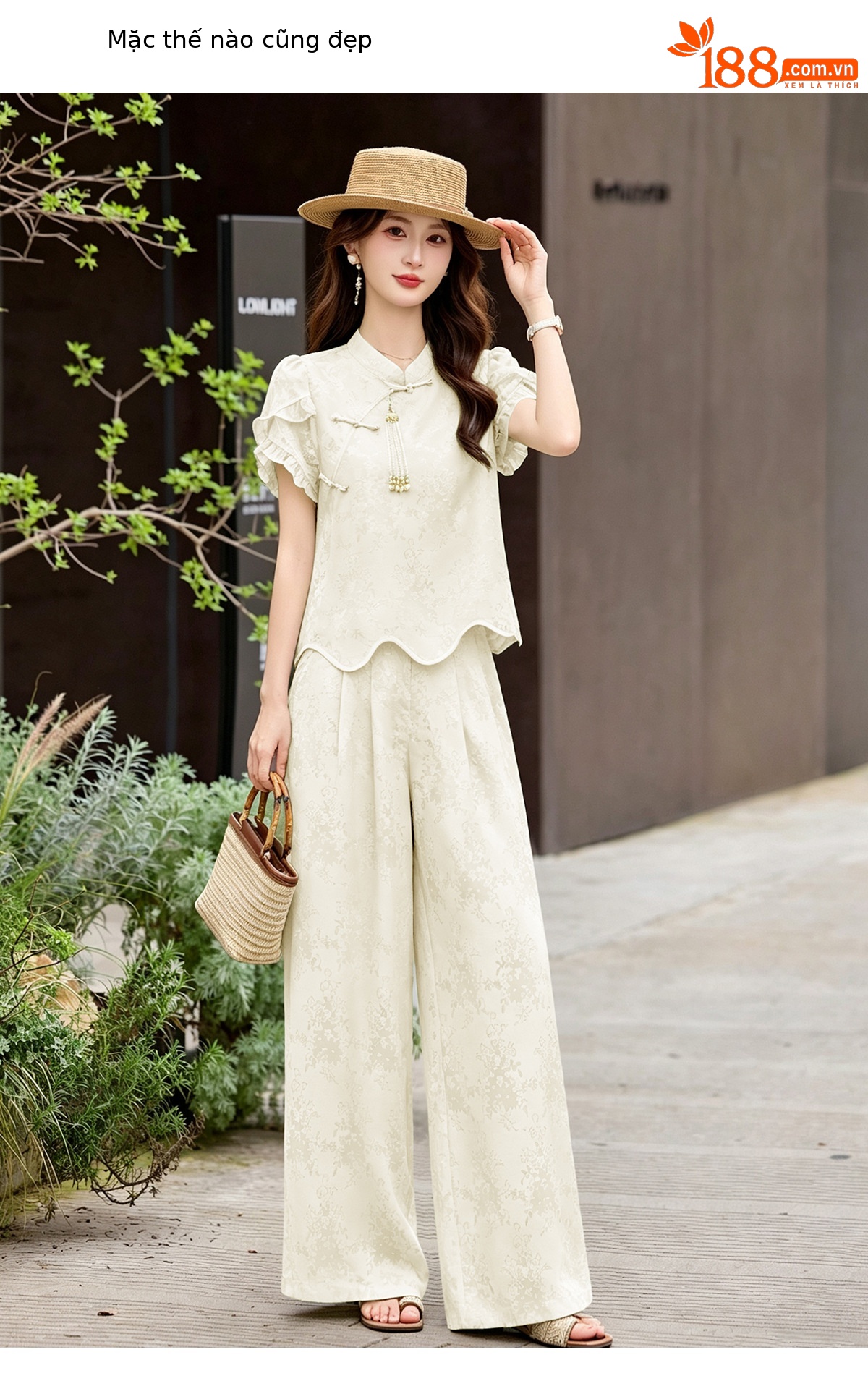 Bộ áo sơ mi họa tiết jacquard kết hợp quần ống rộng cạp thun hai mảnh thời trang — Vàng kem, xanh lá cây chi tiết 18
