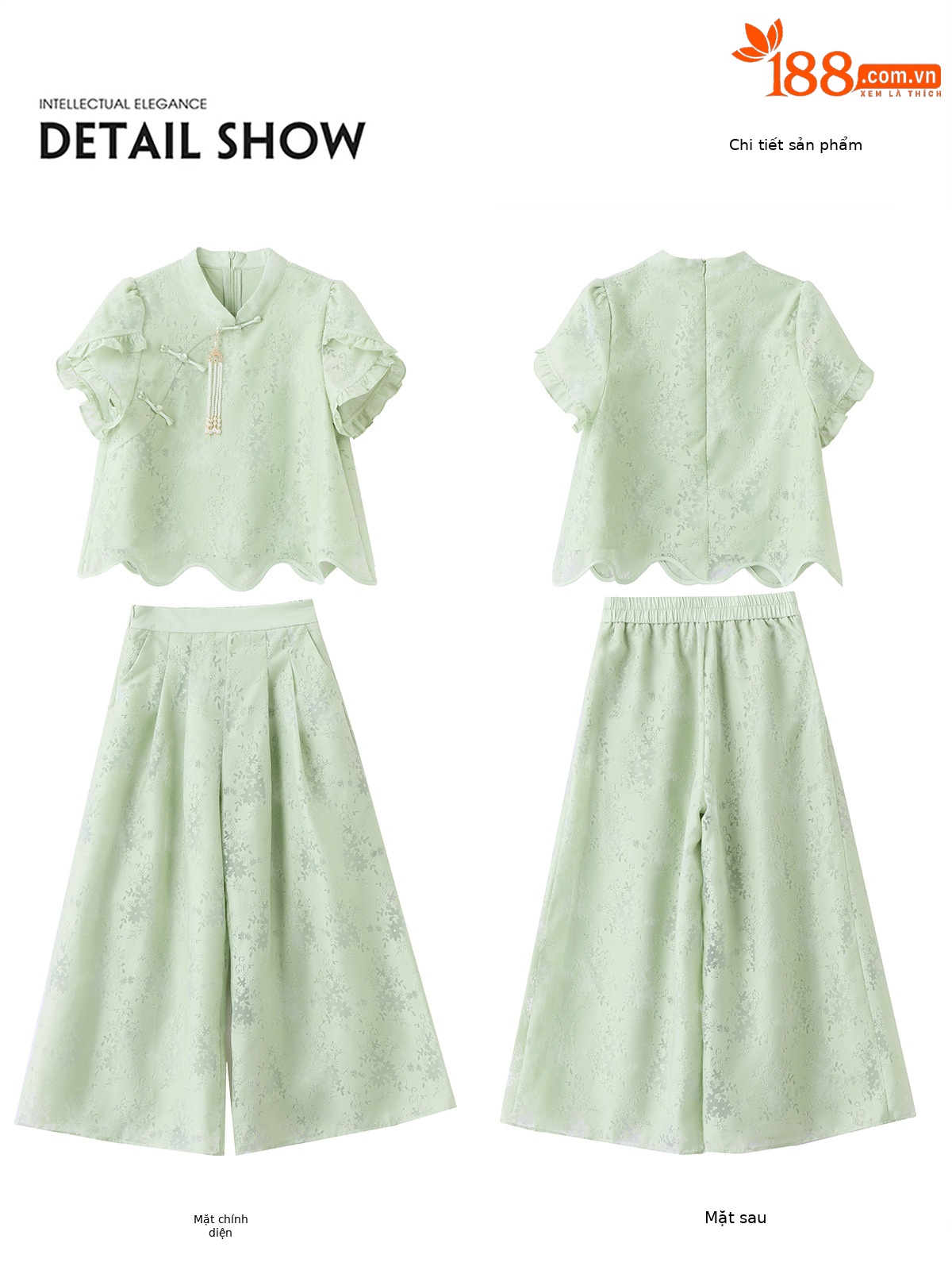 Bộ áo sơ mi họa tiết jacquard kết hợp quần ống rộng cạp thun hai mảnh thời trang — Vàng kem, xanh lá cây chi tiết 26