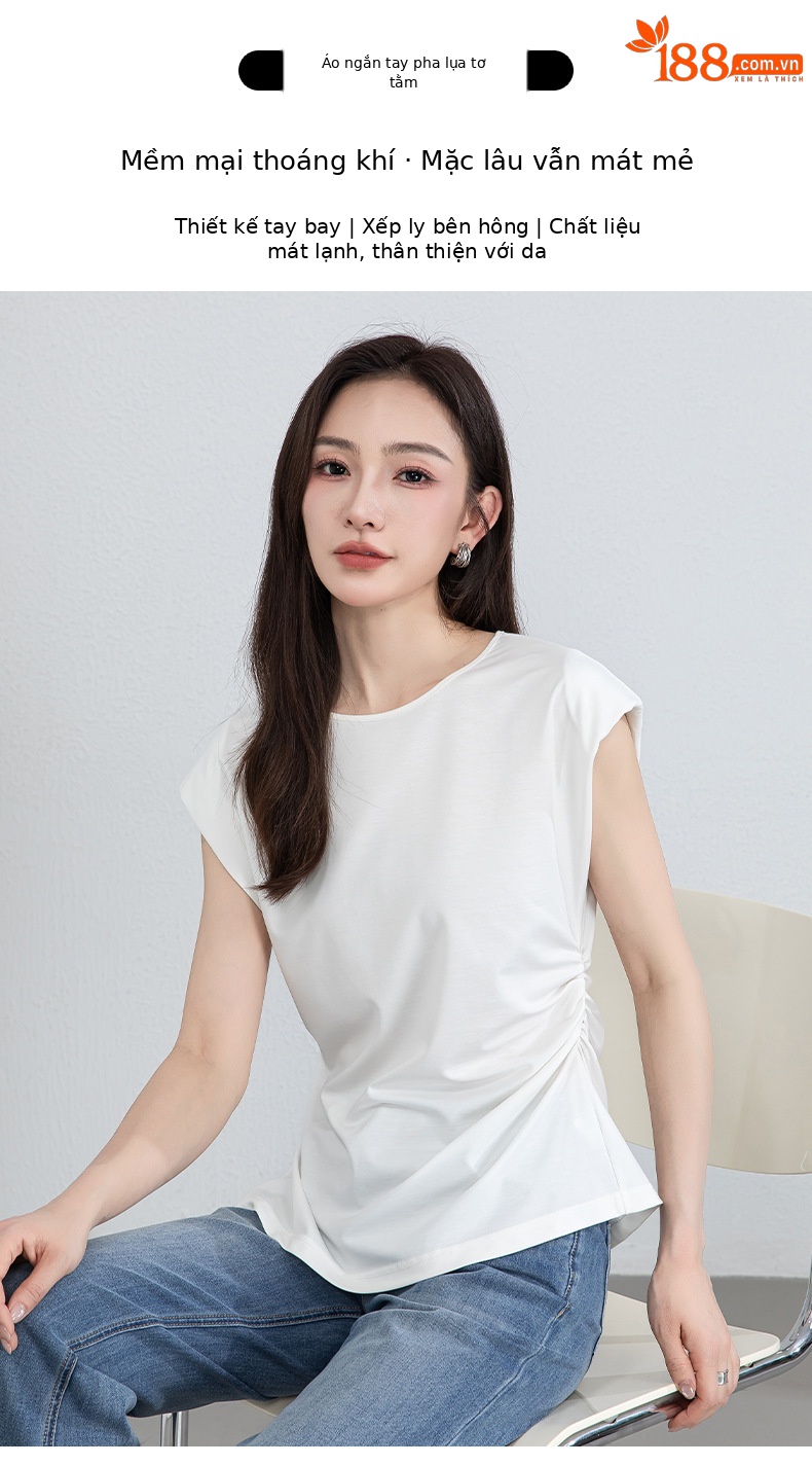 Áo thun nữ không tay cổ tròn chất liệu tơ tằm dệt kim thiết kế xếp li bên hông tạo hiệu ứng thon gọn — màu đen chi tiết 1