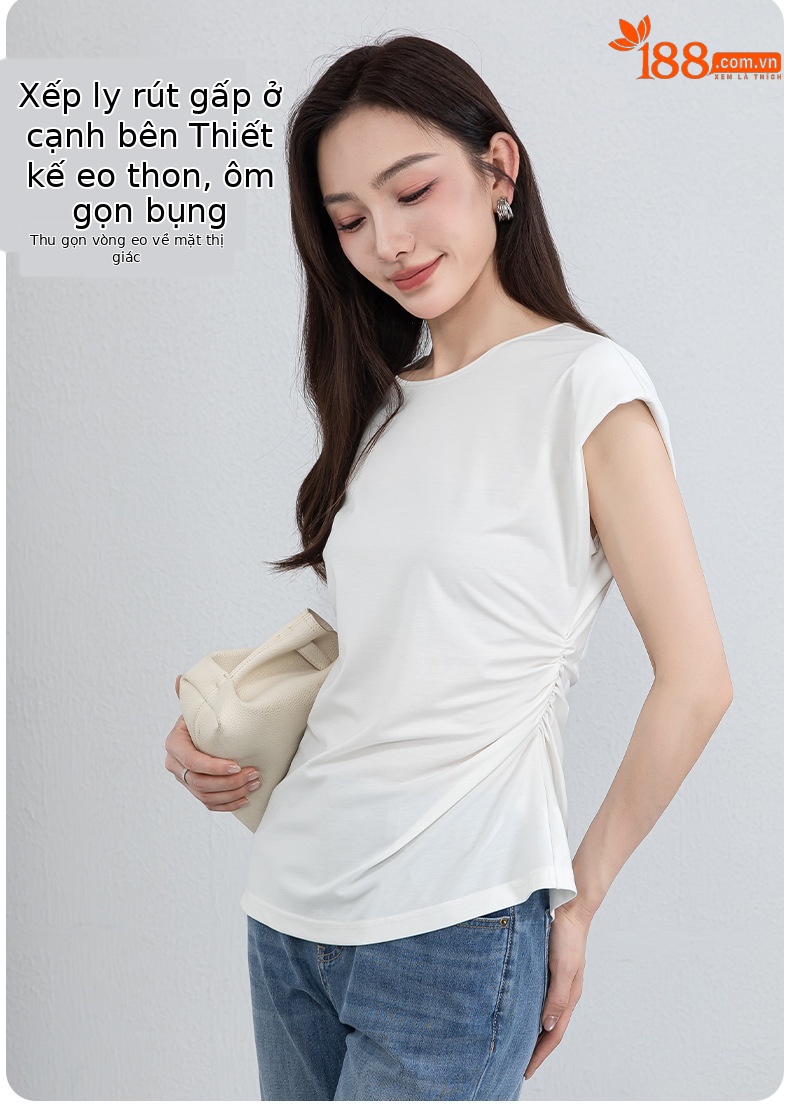 Áo thun nữ không tay cổ tròn chất liệu tơ tằm dệt kim thiết kế xếp li bên hông tạo hiệu ứng thon gọn — màu đen chi tiết 8