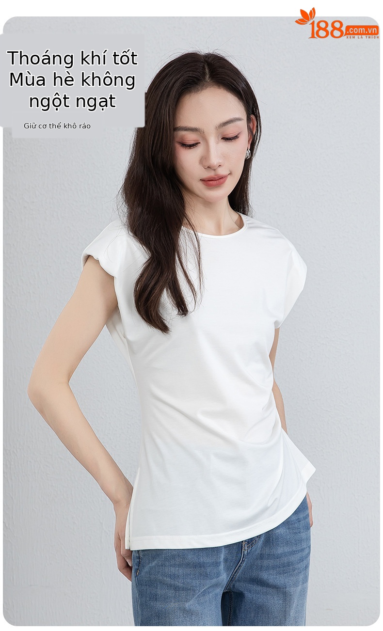 Áo thun nữ không tay cổ tròn chất liệu tơ tằm dệt kim thiết kế xếp li bên hông tạo hiệu ứng thon gọn — màu đen chi tiết 10