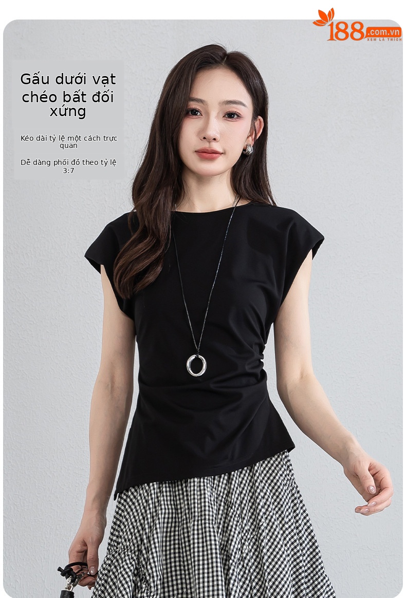Áo thun nữ không tay cổ tròn chất liệu tơ tằm dệt kim thiết kế xếp li bên hông tạo hiệu ứng thon gọn — màu đen chi tiết 11