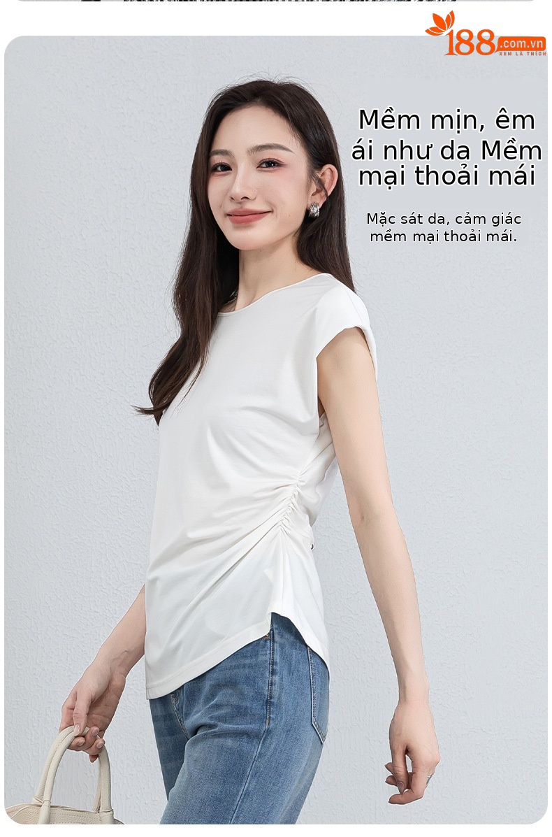 Áo thun nữ không tay cổ tròn chất liệu tơ tằm dệt kim thiết kế xếp li bên hông tạo hiệu ứng thon gọn — màu đen chi tiết 12