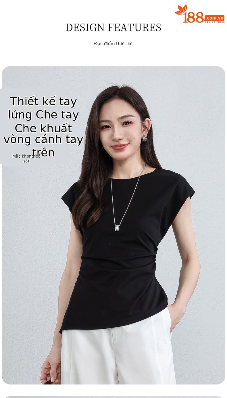 Áo thun nữ không tay cổ tròn chất liệu tơ tằm dệt kim thiết kế xếp li bên hông tạo hiệu ứng thon gọn — màu đen chi tiết 7