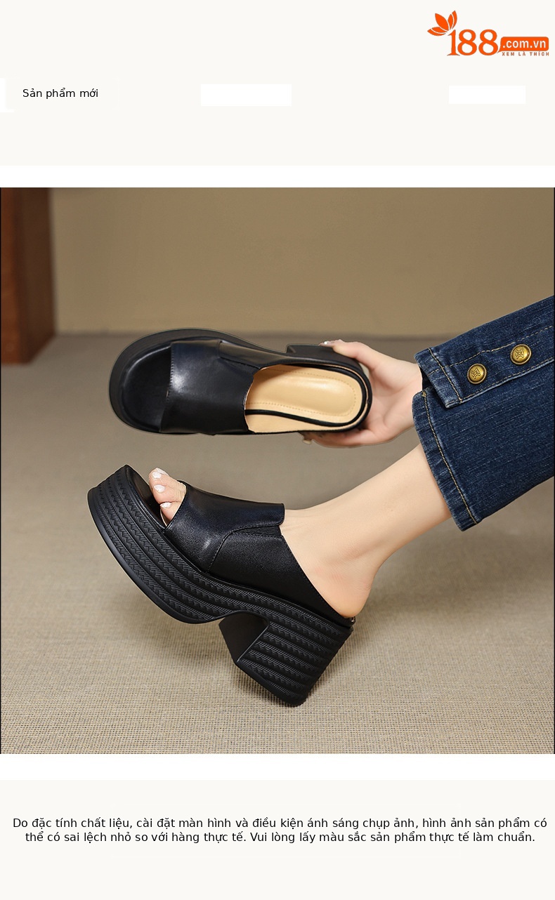 Sandal cao gót nữ quai ngang mũi hở đế platform gót vuông 9 cm — màu đen, màu mơ chi tiết 1