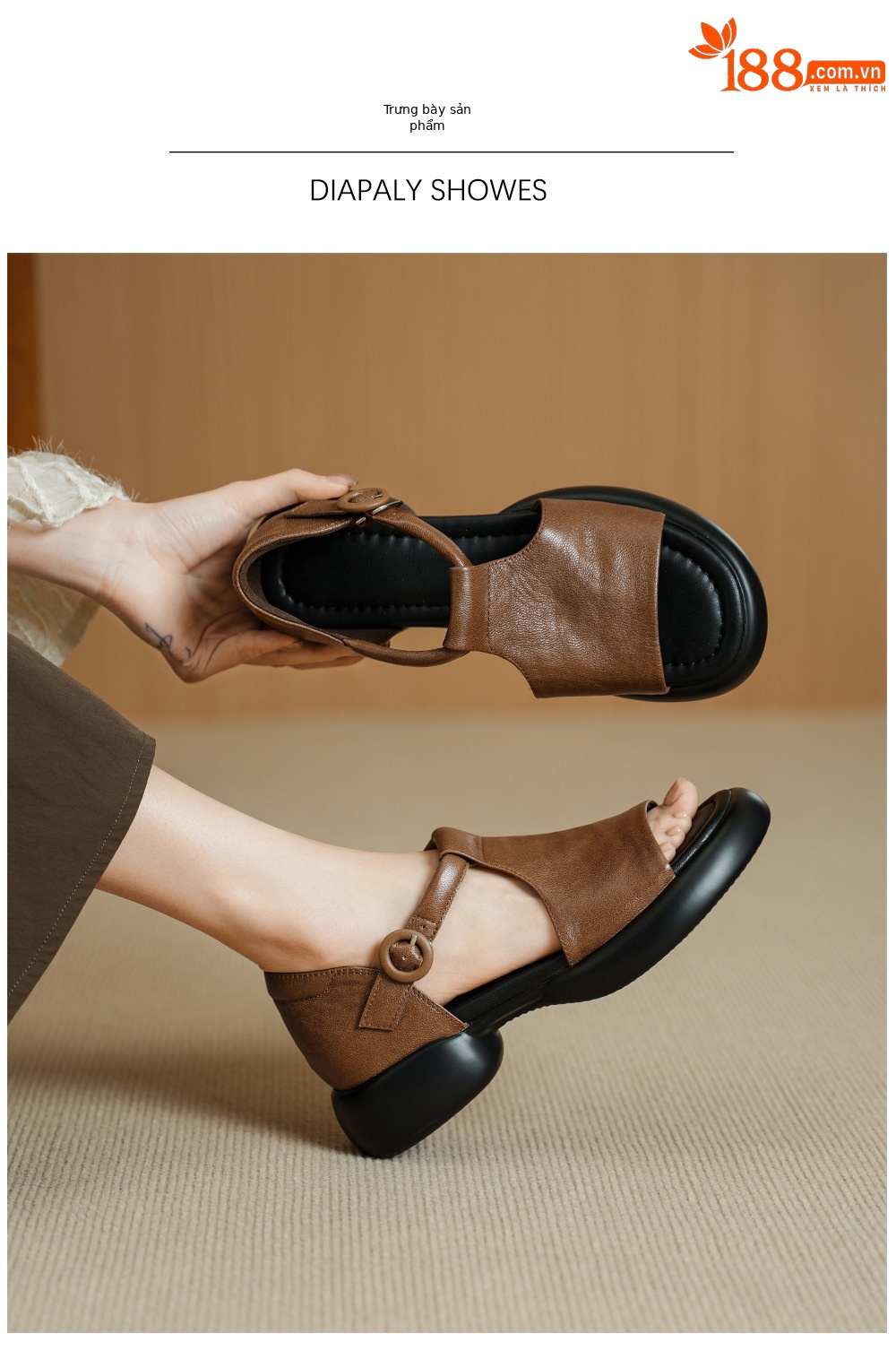 Sandal nữ da cừu mềm đế dày hở mũi, quai chữ T, gót thấp 3 cm, dán ma thuật — Vàng nâu chi tiết 3