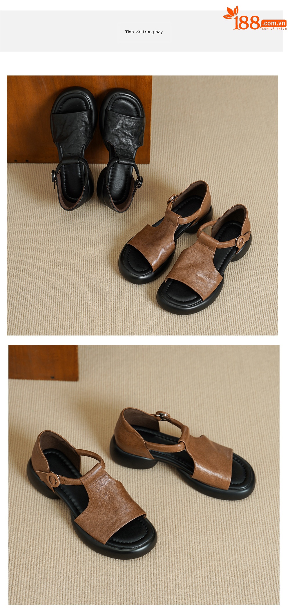 Sandal nữ da cừu mềm đế dày hở mũi, quai chữ T, gót thấp 3 cm, dán ma thuật — Vàng nâu chi tiết 10