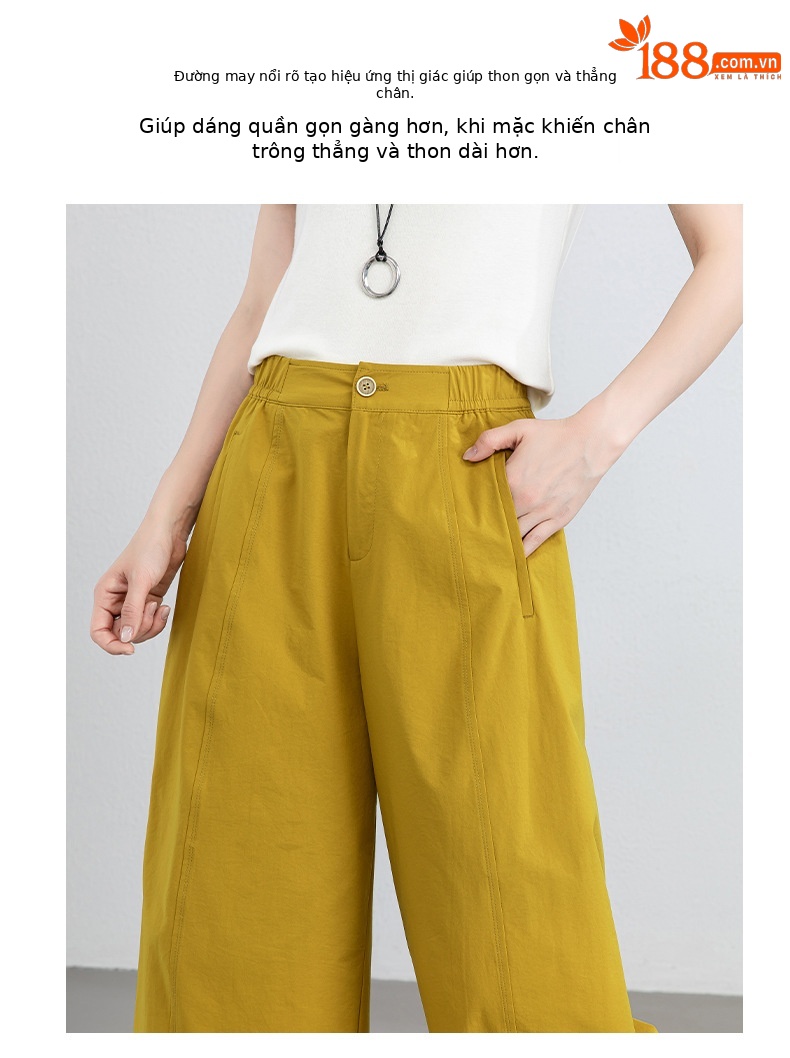 Quần culottes nữ ống rộng cạp cao dáng bong bóng, chất vải mỏng mùa hè, che hông tôn dáng — Hổ phách gừng chi tiết 5