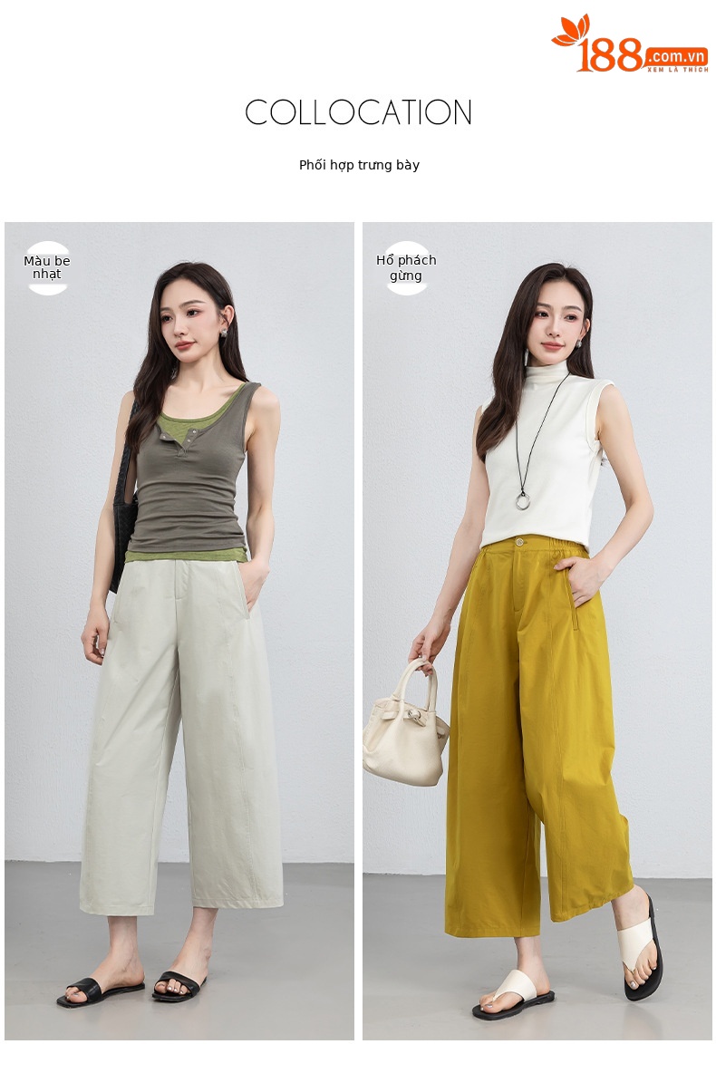 Quần culottes nữ ống rộng cạp cao dáng bong bóng, chất vải mỏng mùa hè, che hông tôn dáng — Hổ phách gừng chi tiết 7