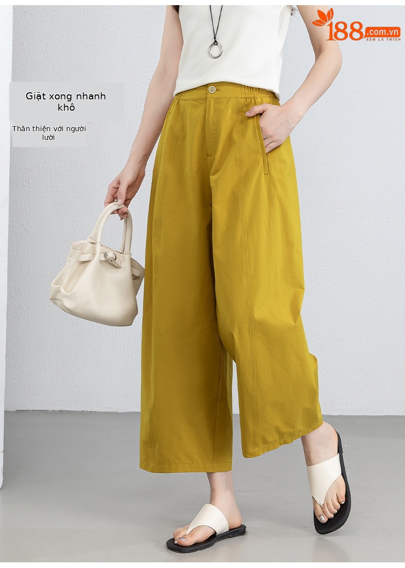 Quần culottes nữ ống rộng cạp cao dáng bong bóng, chất vải mỏng mùa hè, che hông tôn dáng — Hổ phách gừng chi tiết 10
