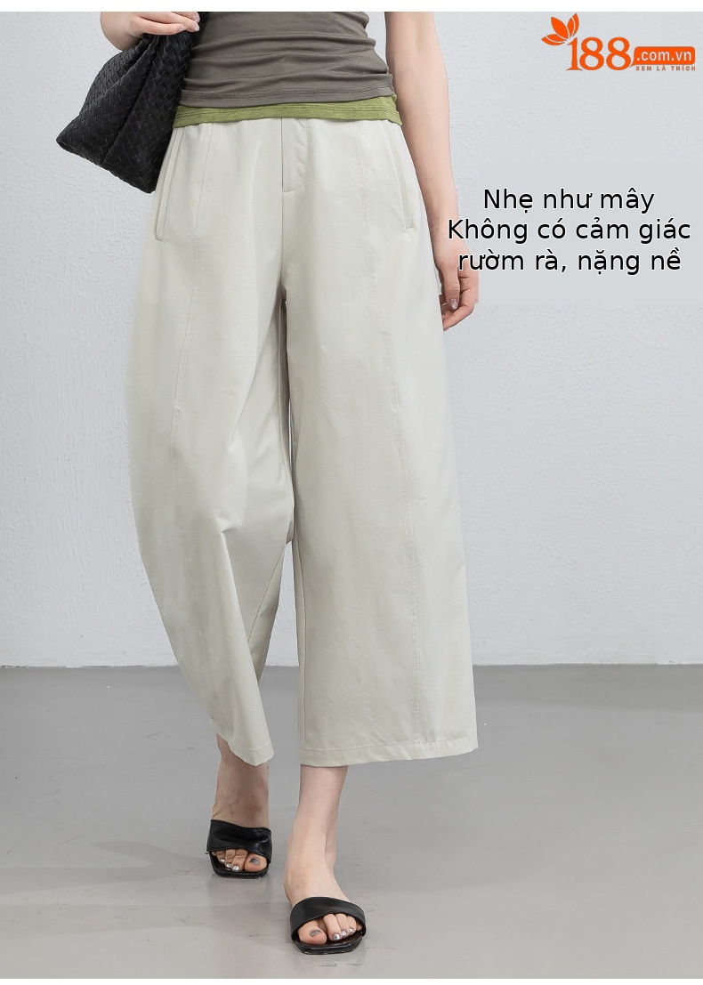 Quần culottes nữ ống rộng cạp cao dáng bong bóng, chất vải mỏng mùa hè, che hông tôn dáng — Hổ phách gừng chi tiết 11