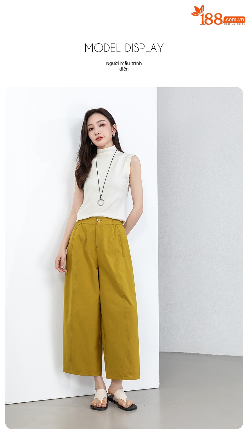 Quần culottes nữ ống rộng cạp cao dáng bong bóng, chất vải mỏng mùa hè, che hông tôn dáng — Hổ phách gừng chi tiết 20