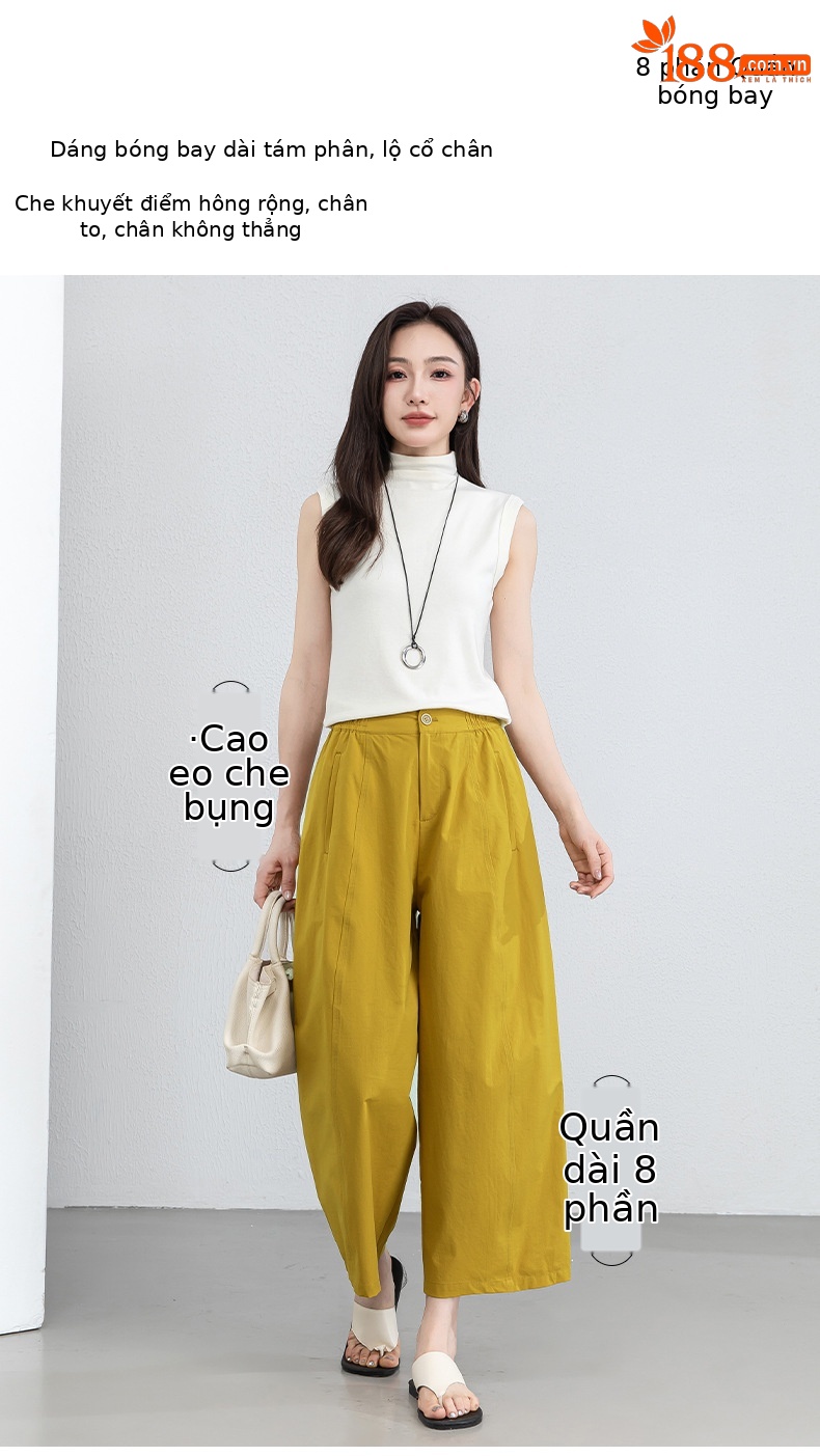 Quần culottes nữ ống rộng cạp cao dáng bong bóng, chất vải mỏng mùa hè, che hông tôn dáng — Hổ phách gừng chi tiết 1