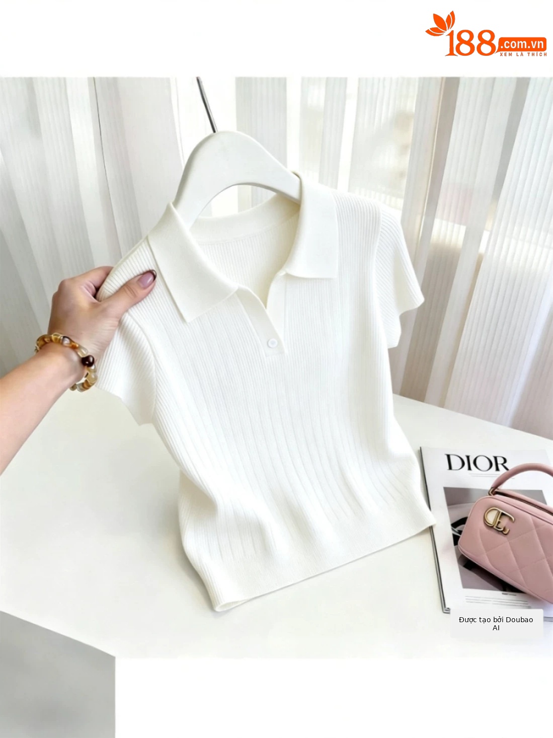 Áo thun nữ cổ Polo tay ngắn chất liệu sợi mát mặc ngoài — trắng