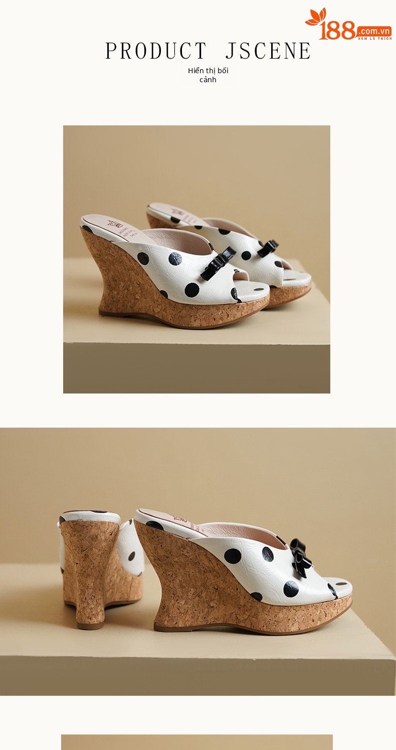 Sandal hở mũi nữ gót xuồng cao 9 cm, quai ngang đính nơ bướm chấm bi, đế dày — màu đen, màu trắng ngà chi tiết 5
