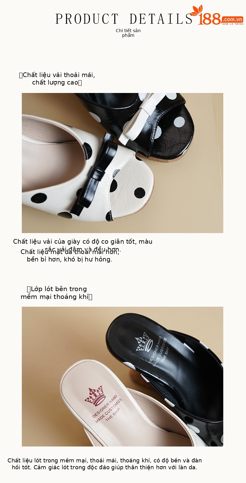 Sandal hở mũi nữ gót xuồng cao 9 cm, quai ngang đính nơ bướm chấm bi, đế dày — màu đen, màu trắng ngà chi tiết 7
