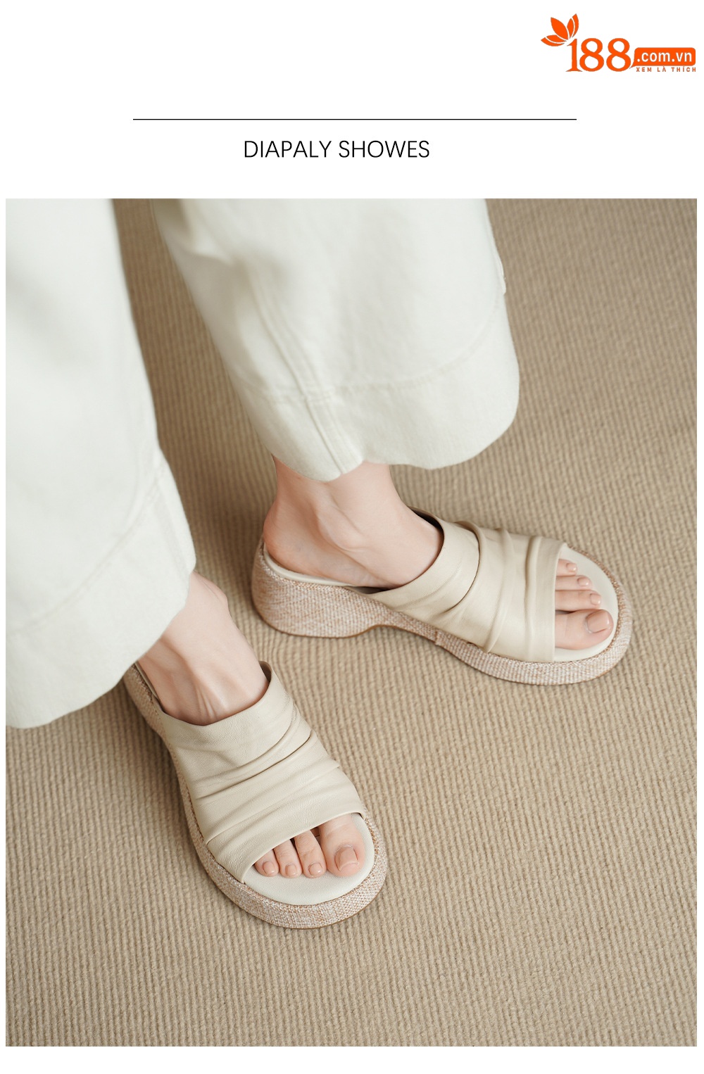 Sandal nữ da cừu đế xuồng gót cao 7 cm, hở mũi quai ngang — màu trắng ngà chi tiết 5