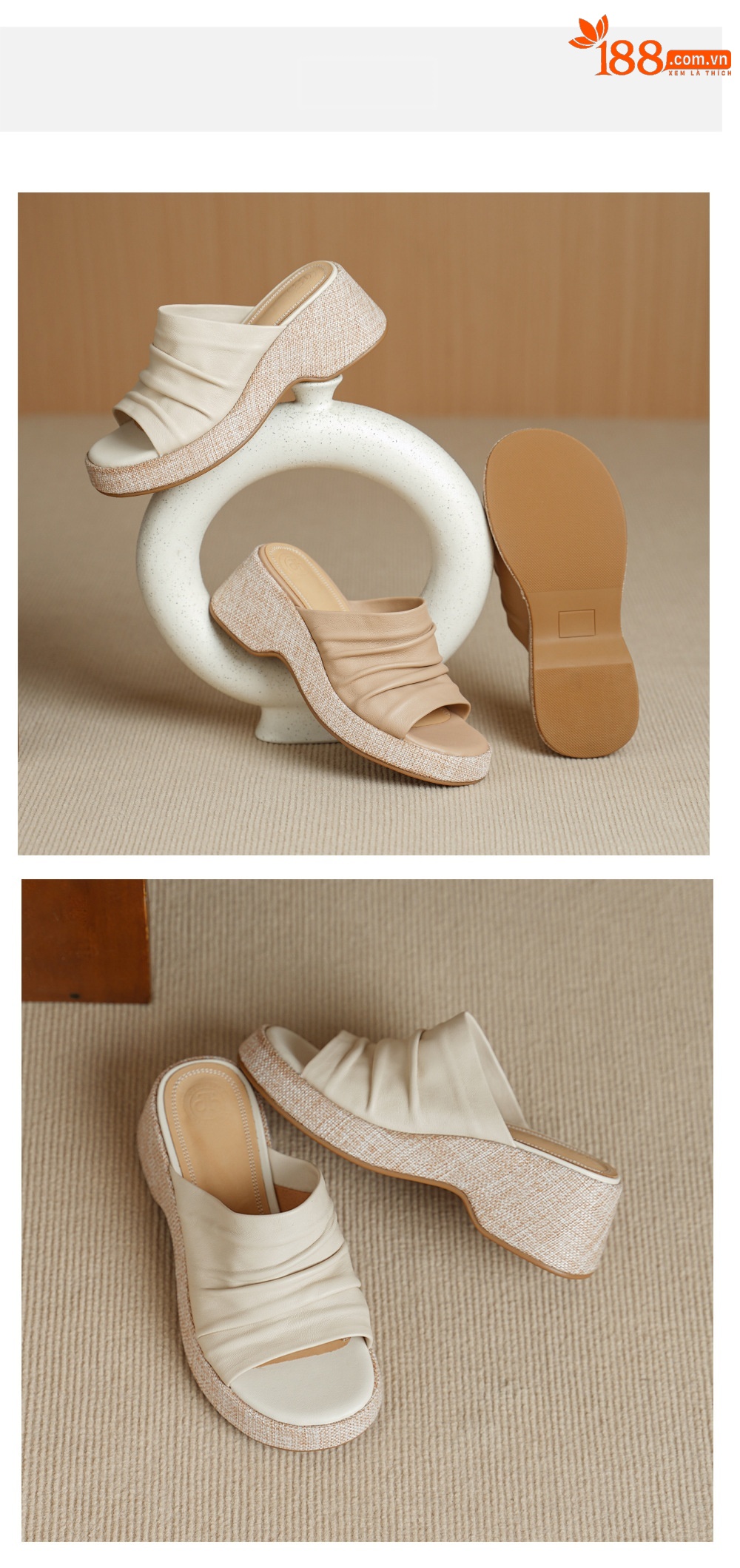 Sandal nữ da cừu đế xuồng gót cao 7 cm, hở mũi quai ngang — màu trắng ngà chi tiết 11