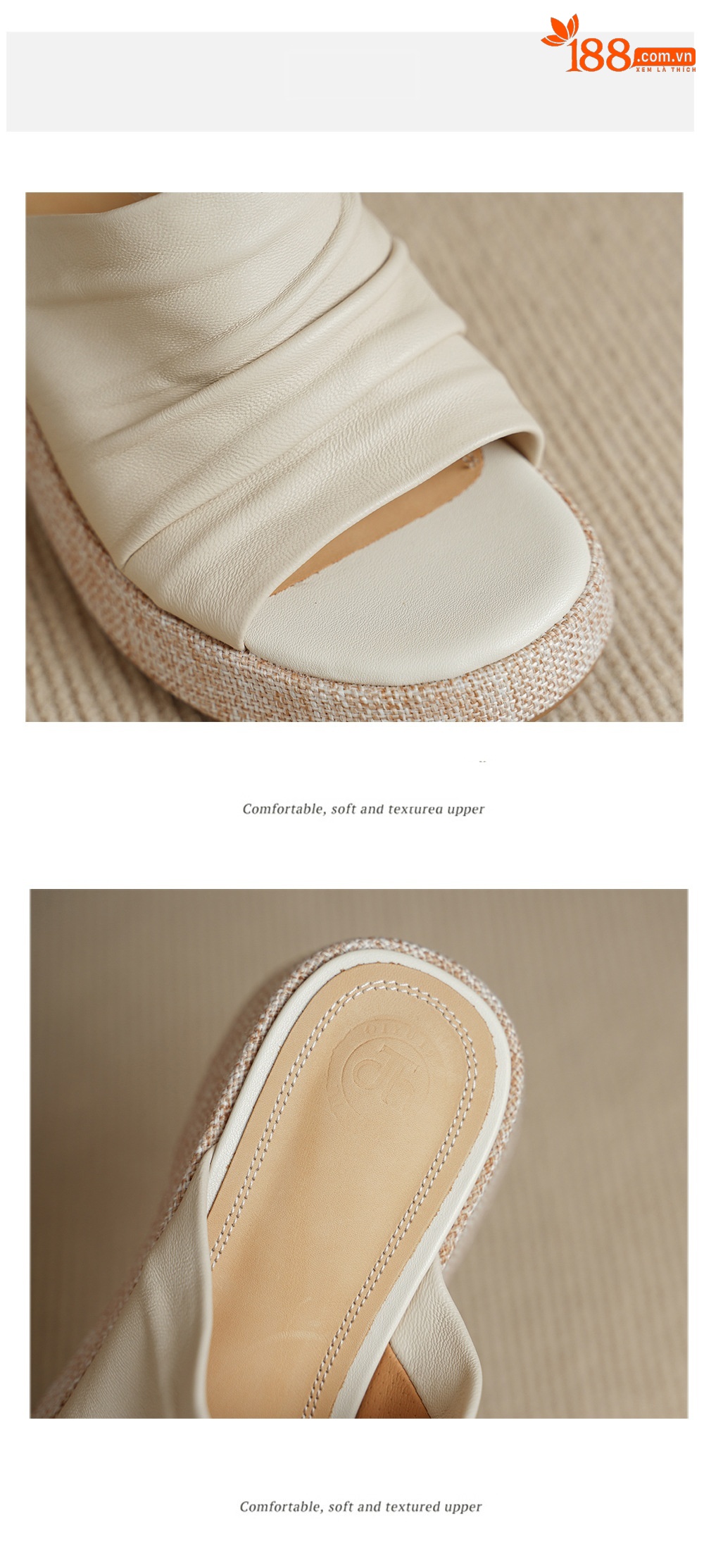 Sandal nữ da cừu đế xuồng gót cao 7 cm, hở mũi quai ngang — màu trắng ngà chi tiết 14
