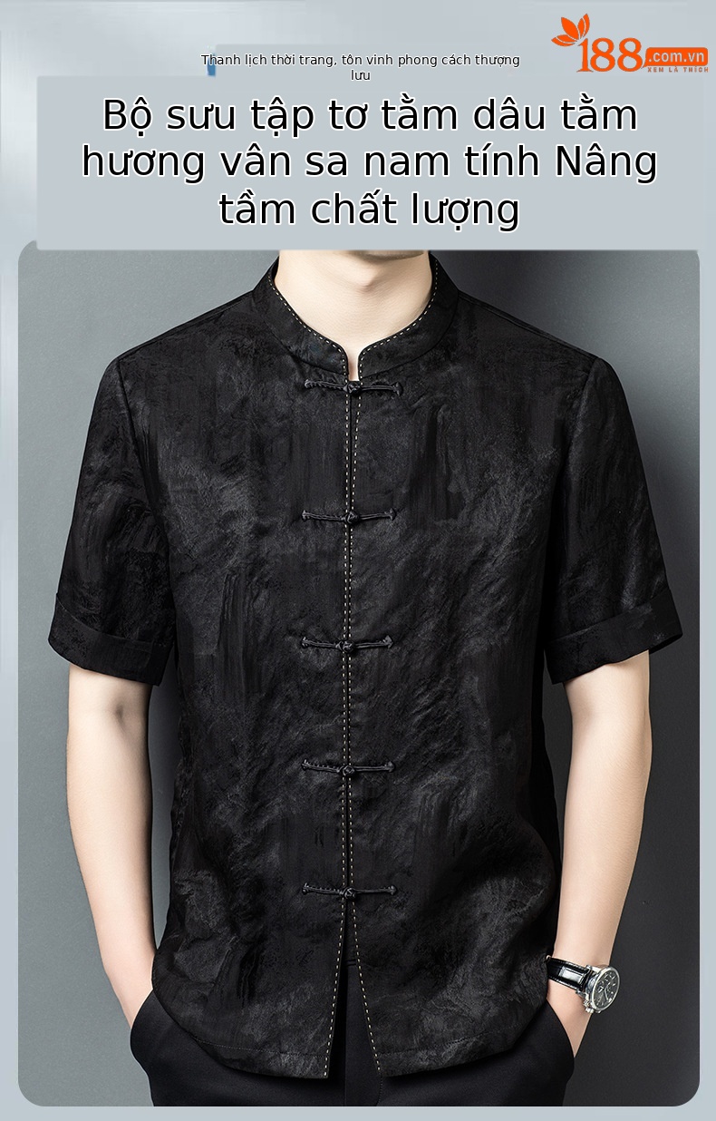 Áo sơ mi ngắn tay nam mulberry silk mỏng nhẹ mùa hè dáng rộng — Đen 26A230 chi tiết 1