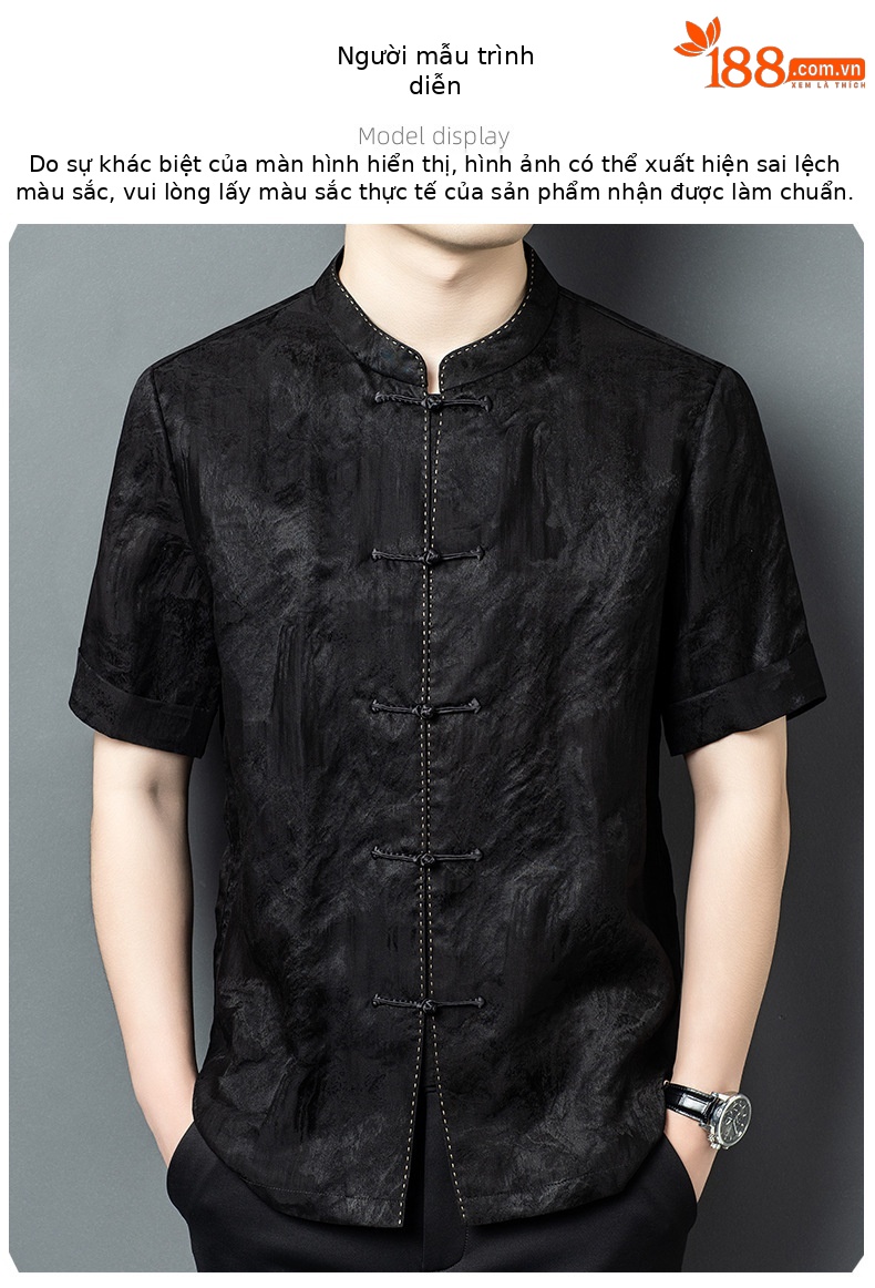 Áo sơ mi ngắn tay nam mulberry silk mỏng nhẹ mùa hè dáng rộng — Đen 26A230 chi tiết 8