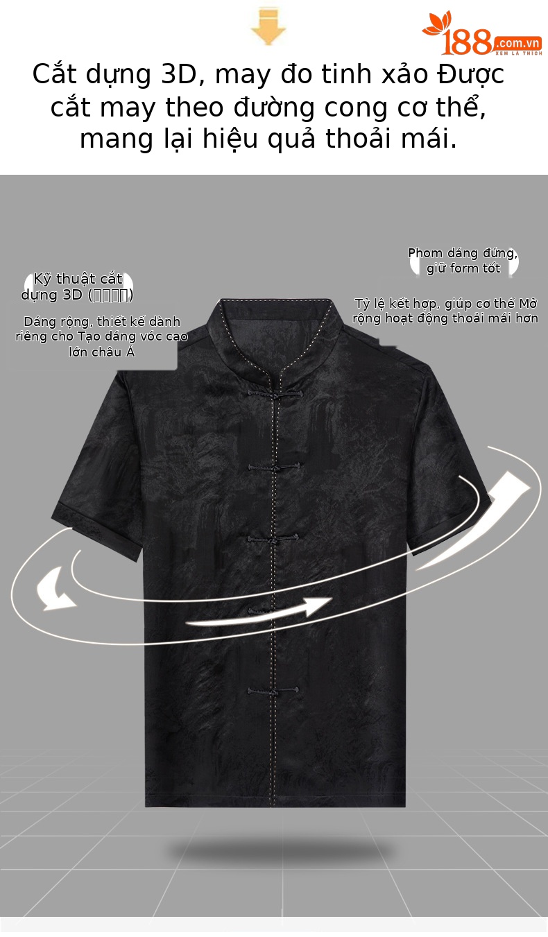 Áo sơ mi ngắn tay nam mulberry silk mỏng nhẹ mùa hè dáng rộng — Đen 26A230 chi tiết 7