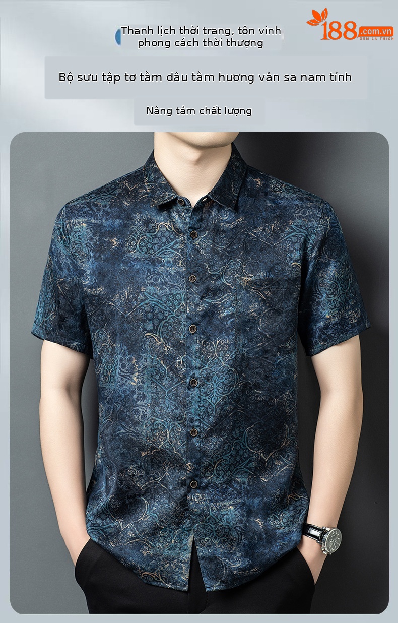 Áo sơ mi nam ngắn tay lụa Tang Silk phong cách Trung Hoa họa tiết vân sa — Xanh da trời26651 chi tiết 1