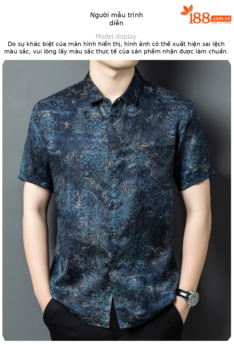 Áo sơ mi nam ngắn tay lụa Tang Silk phong cách Trung Hoa họa tiết vân sa — Xanh da trời26651 chi tiết 8