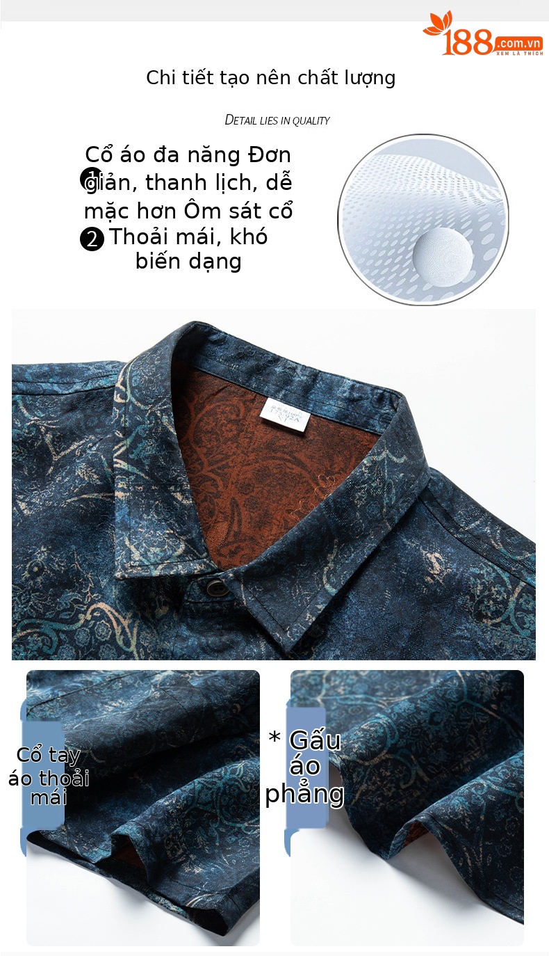 Áo sơ mi nam ngắn tay lụa Tang Silk phong cách Trung Hoa họa tiết vân sa — Xanh da trời26651 chi tiết 5