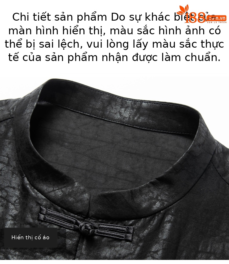 Áo sơ mi nam ngắn tay cổ đứng chất lụa mulberry mềm mại, phong cách quốc gia — Đen 26A183 chi tiết 12