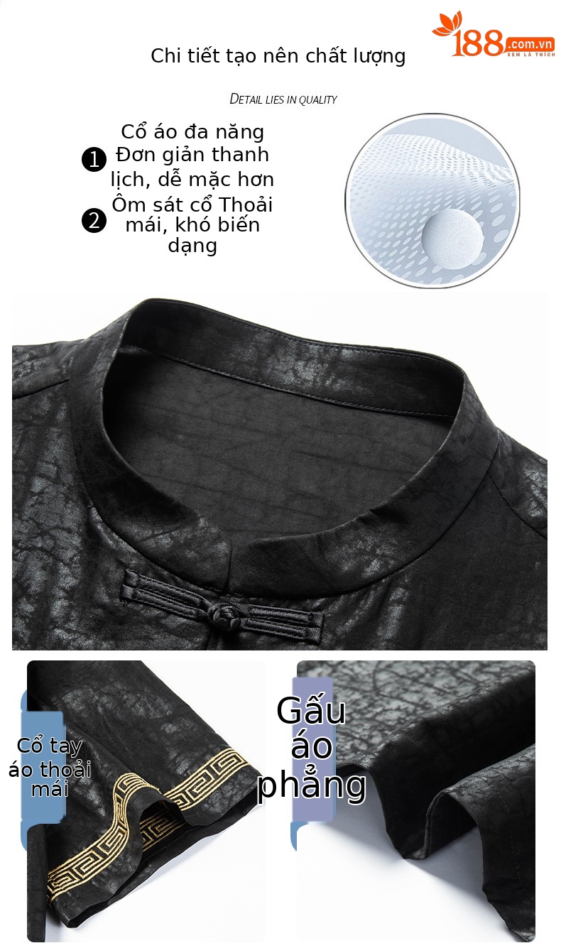 Áo sơ mi nam ngắn tay cổ đứng chất lụa mulberry mềm mại, phong cách quốc gia — Đen 26A183 chi tiết 4