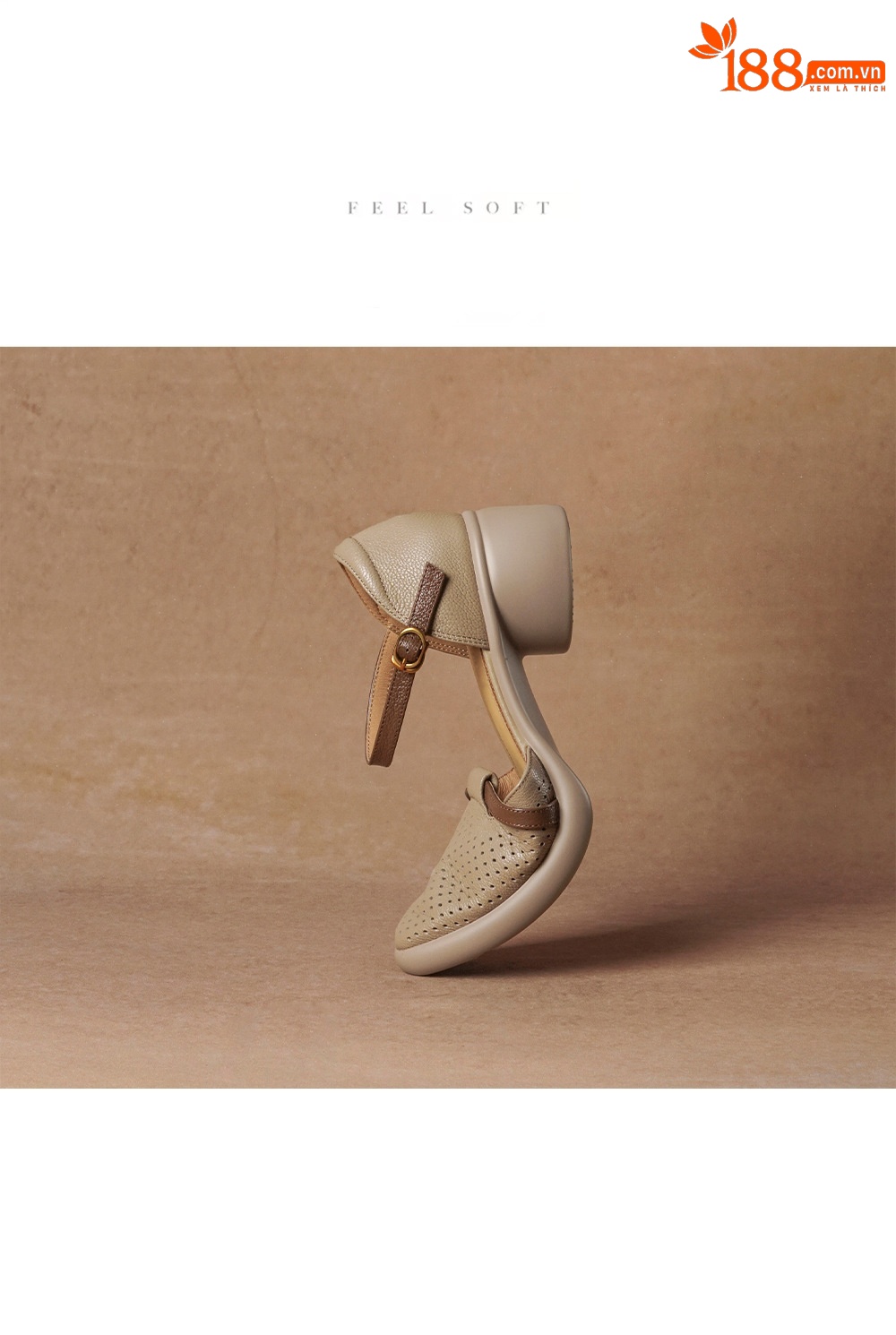 Sandal nữ quai ngang da dê mũi tròn gót vuông cao 9 cm — màu trắng ngà chi tiết 1