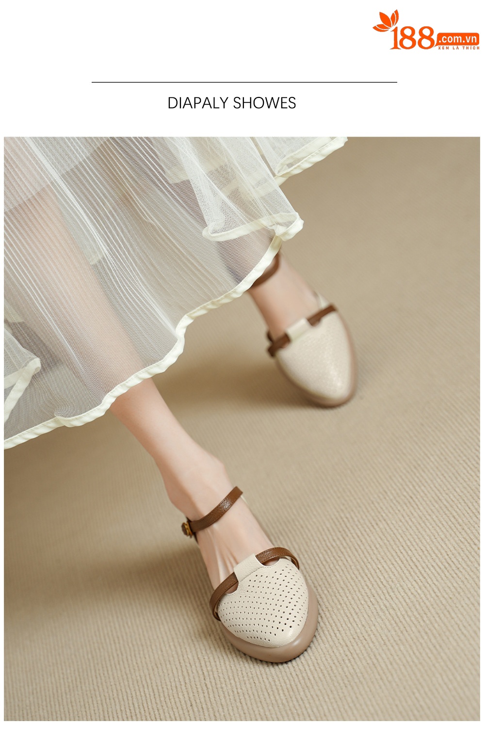 Sandal nữ quai ngang da dê mũi tròn gót vuông cao 9 cm — màu trắng ngà chi tiết 6