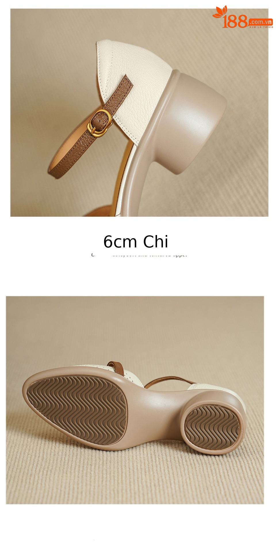 Sandal nữ quai ngang da dê mũi tròn gót vuông cao 9 cm — màu trắng ngà chi tiết 15