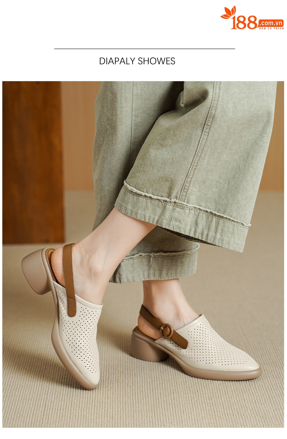 Sandal da dê nữ quai ngang mũi tròn gót vuông cao 7 cm — màu trắng ngà chi tiết 5